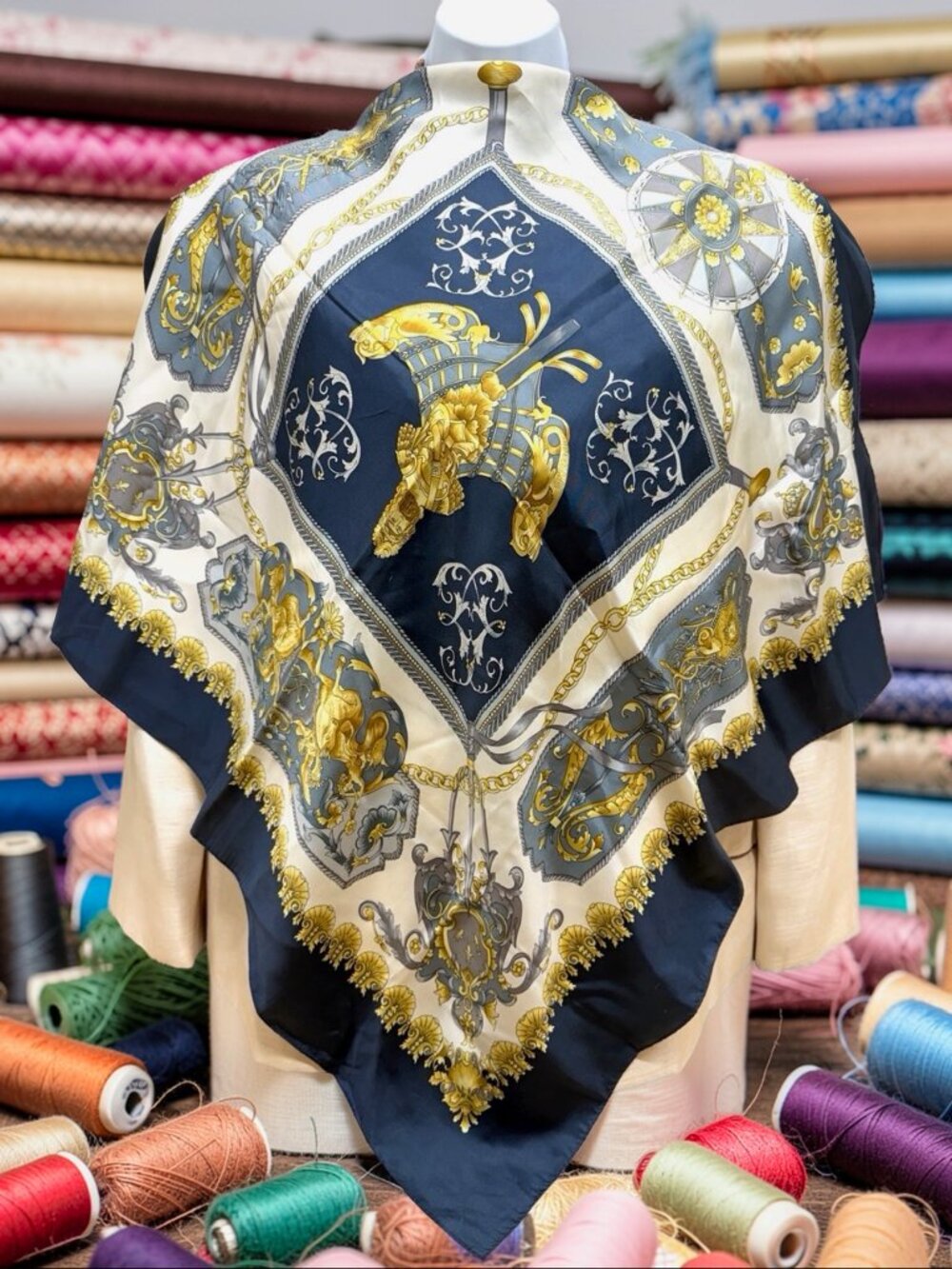 Japan Made MOONBAT 100% Sik Scarf 31"x31" Blue Beige Gold Chain Arts (1)